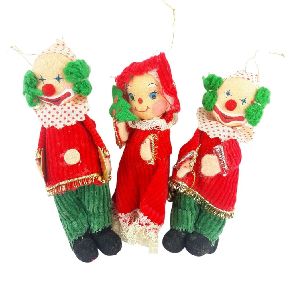 Vintage Christmas Fabric Face Clown & Mrs. Claus Ornaments Red Corduroy Outfit